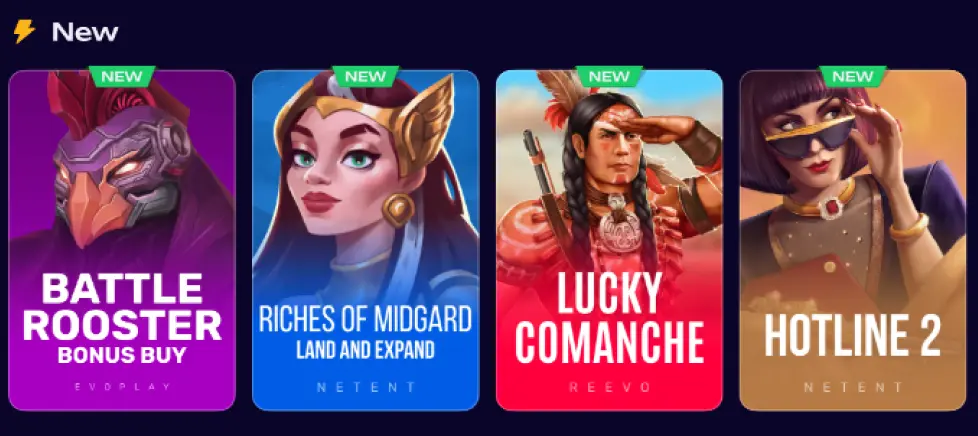 Ενότητα «New» με τέσσερα νέα φρουτάκια με ένδειξη NEW: Battle Rooster, Riches of Midgard, Lucky Comanche και Hotline 2, με εικονογραφήσεις χαρακτήρων σε πολύχρωμες κάρτες